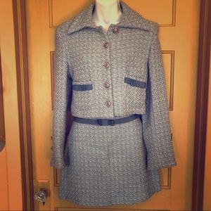 Vintage blue & off white suit jacket with skirt